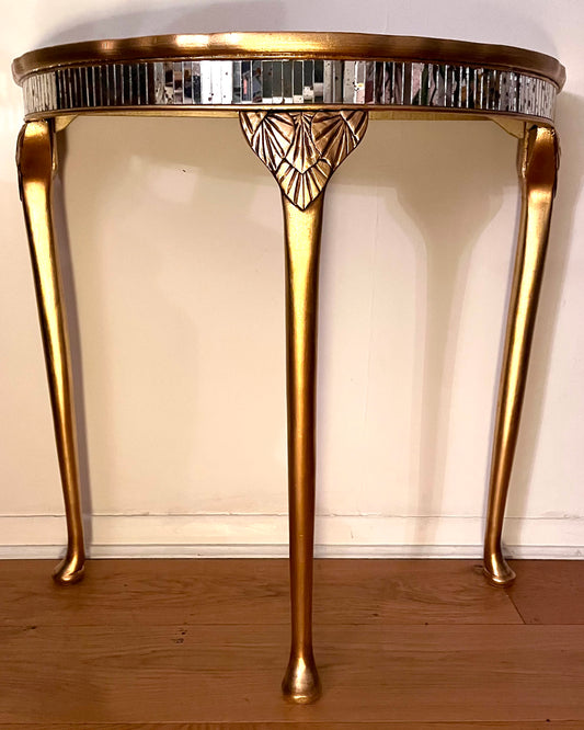 Gold Metal Leaf Demilune Table with Mirrored Glass
