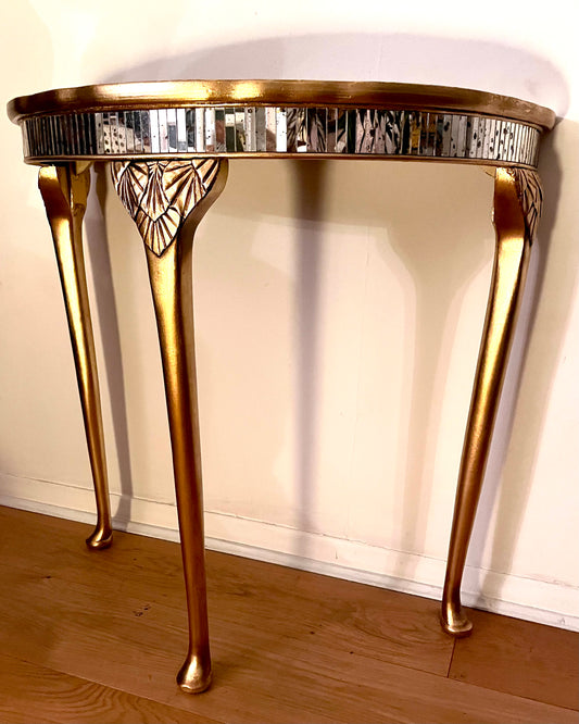 Gold Metal Leaf Demilune Table with Mirrored Glass