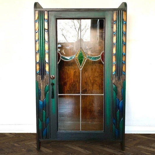 Art Deco Walnut and Stained Glass Cabinet