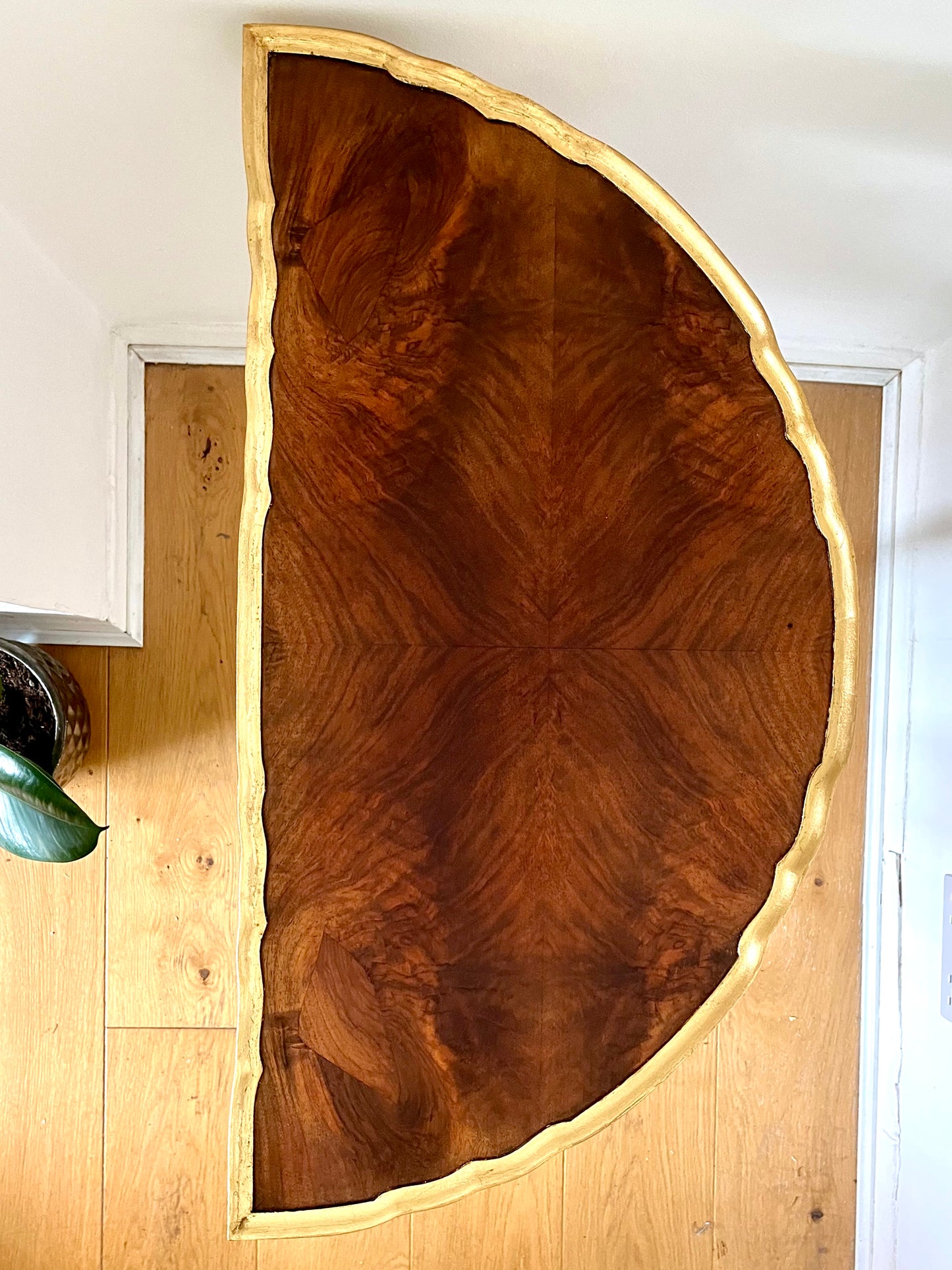 Gold Metal Leaf Demilune Table with Mirrored Glass