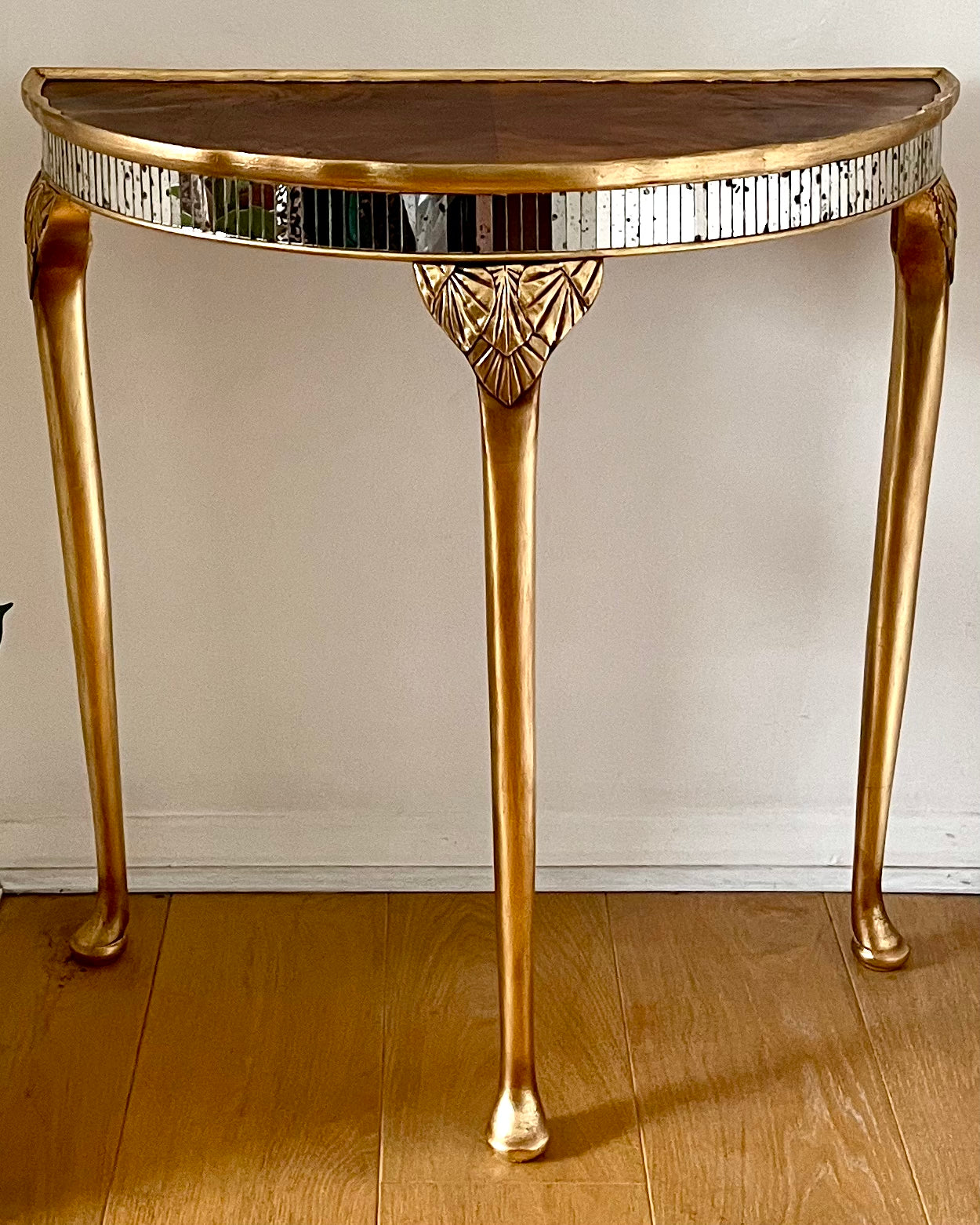 Gold Metal Leaf Demilune Table with Mirrored Glass