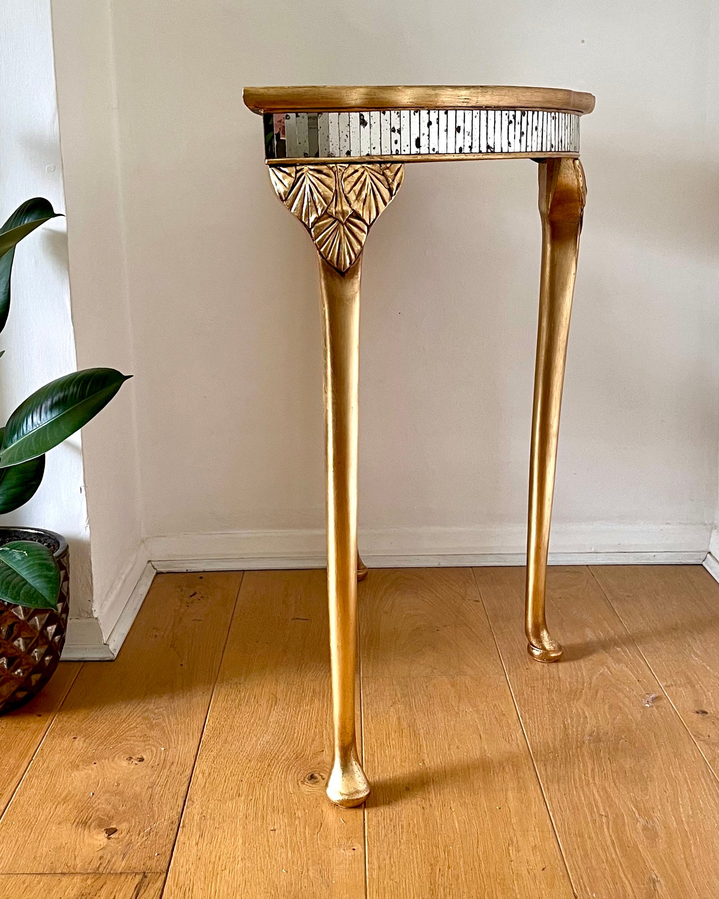 Gold Metal Leaf Demilune Table with Mirrored Glass