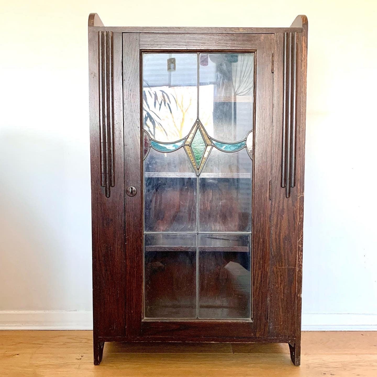 Art Deco Walnut and Stained Glass Cabinet